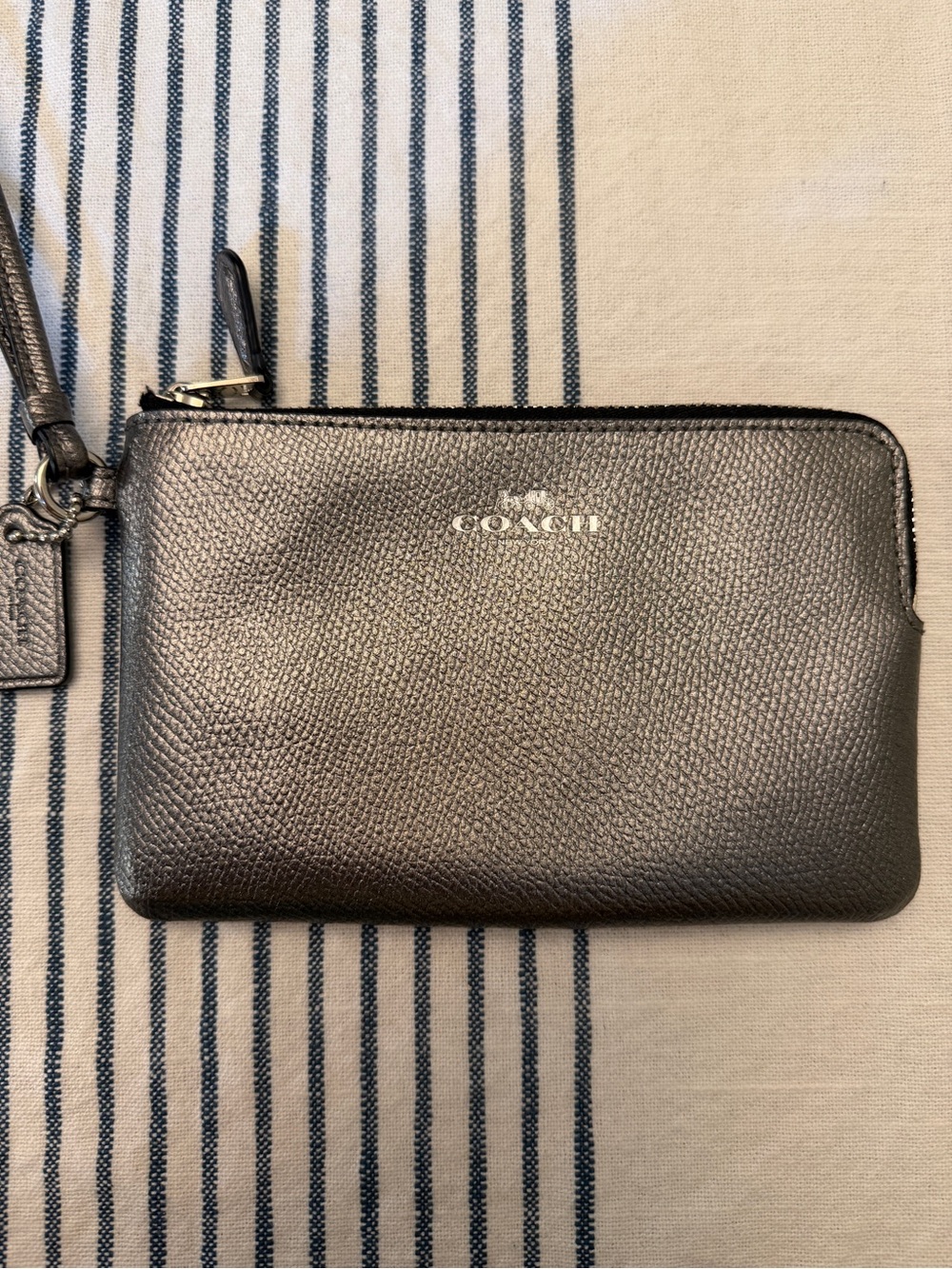 Coach Metallic Gunmetal Leather Wristlet | Pebbled Leather Zip Pouch